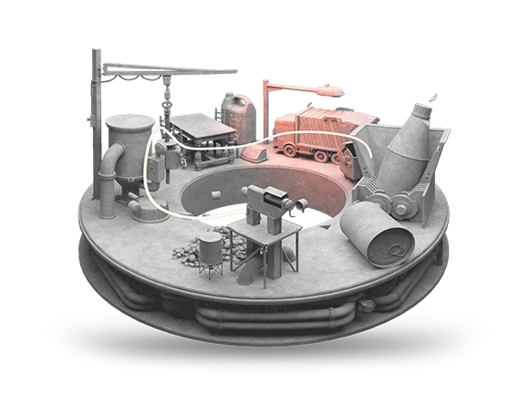 A grey 3D Model of a recycling plant made to form a circle