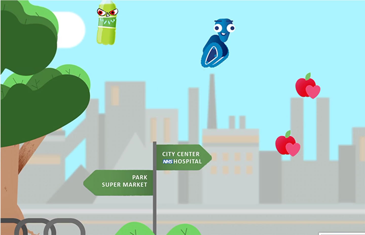 Screenshot of blue avatar jumping in stylised city map