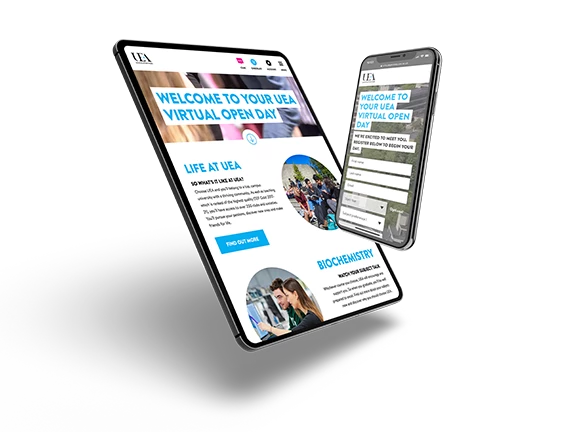 UEA Virtual Open Day welcome screen displayed on a tablet and mobile device