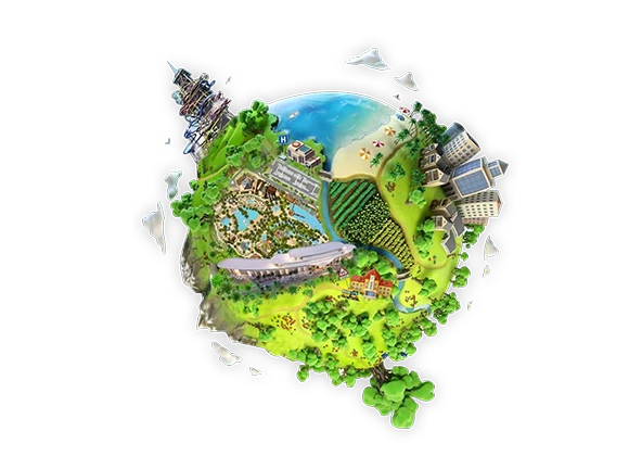 a 3D model of a resort as a small planet