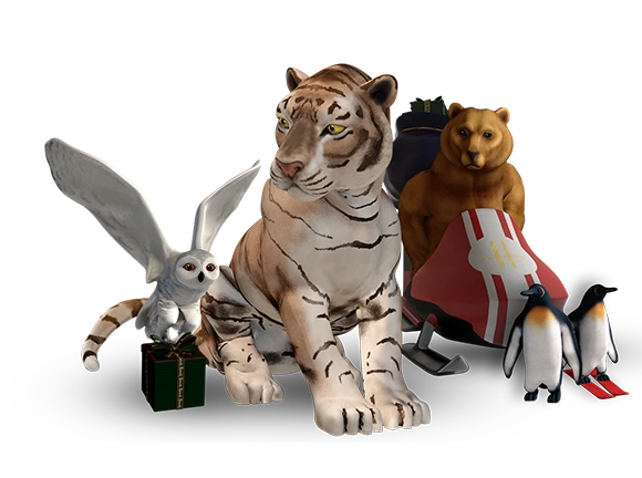 an owl holding a gift, a tiger , some penguins and a bear in a sleigh