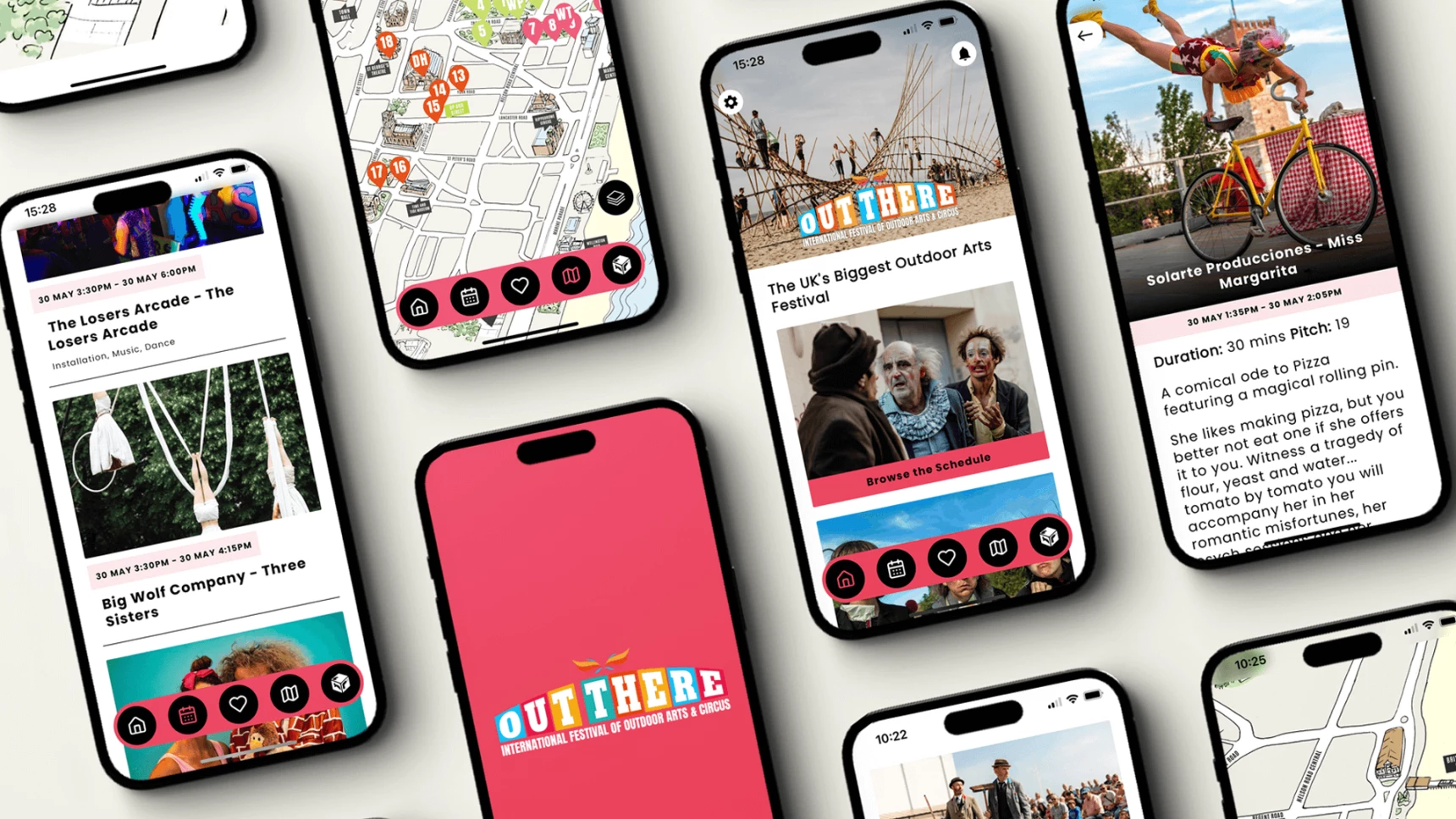 Top down view of Out There Festival mobile app screens