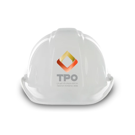 A white hard hat featuring the TPO logo