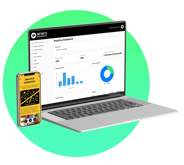 A laptop showing the Infinite Destinations app platform back-end content management system
