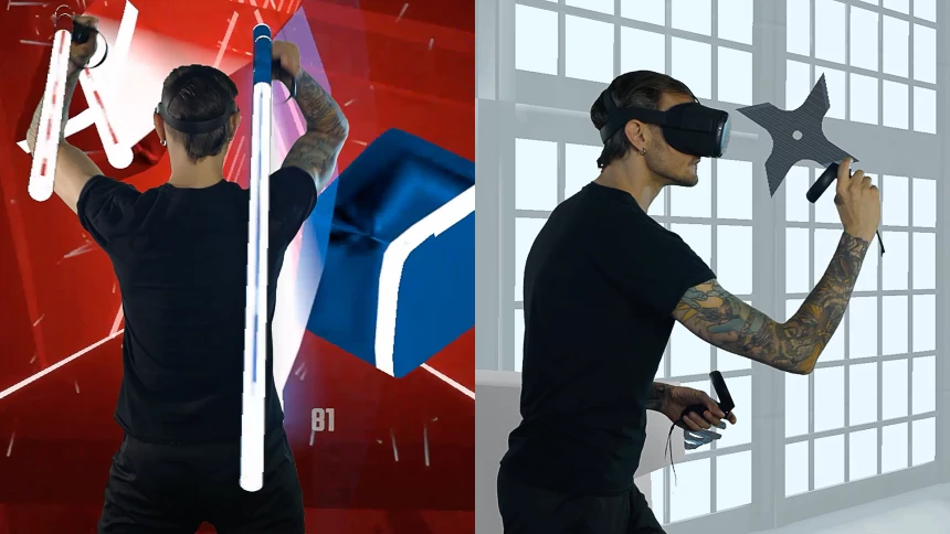 Man in Oculus virtual reality headset with virtual reality props